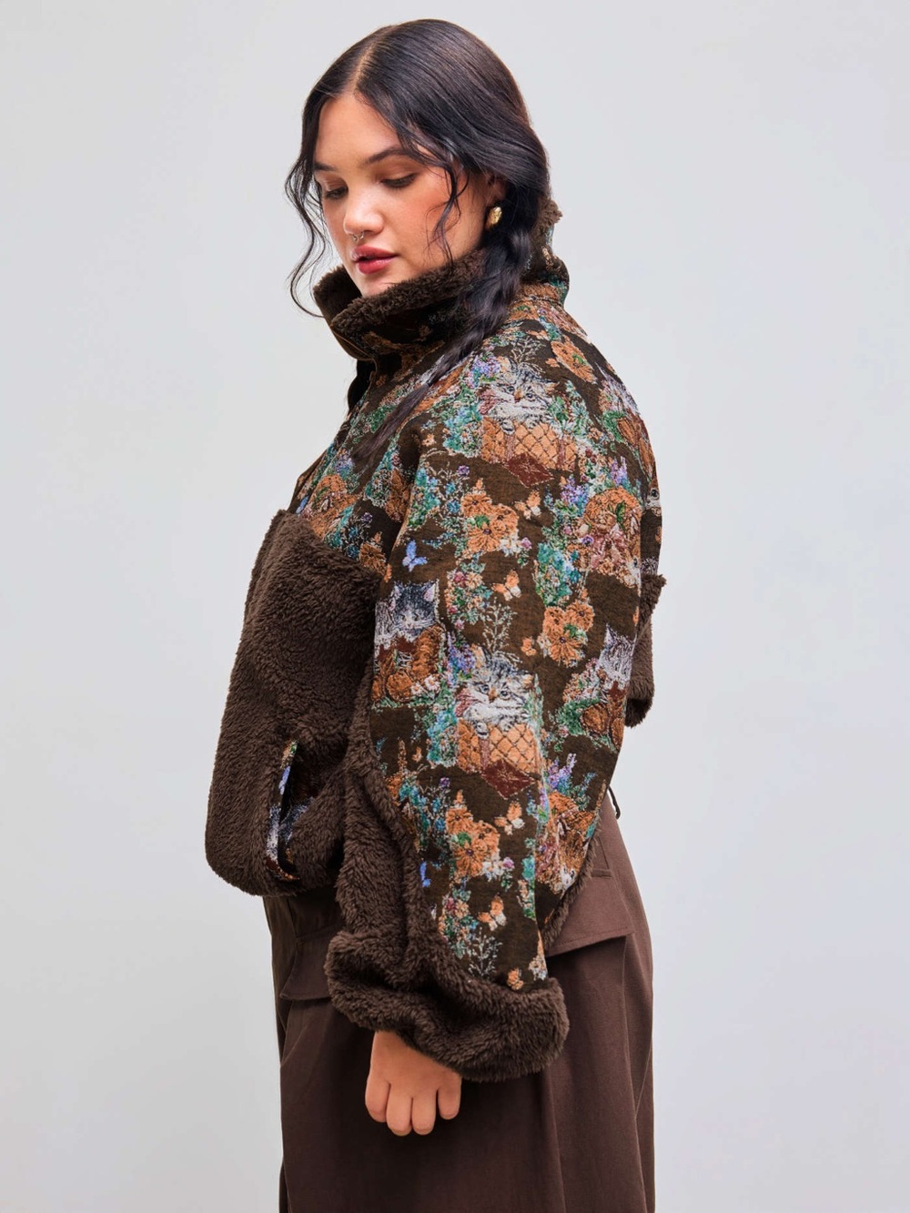Cider Half-Zip Cafe Brown Sherpa Pullover Tapestry Floral Cat Print Size Large - Picture 3 of 16